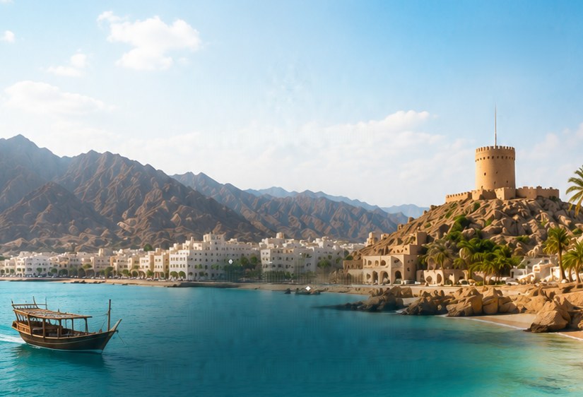 A hilltop fort over the Omani coast, with the Hajar mountains behind